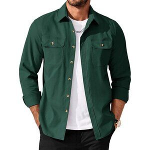 Men’s Casual Shirt Jacket, Long Sleeve Button-Up Shacket with Flap Pockets Green